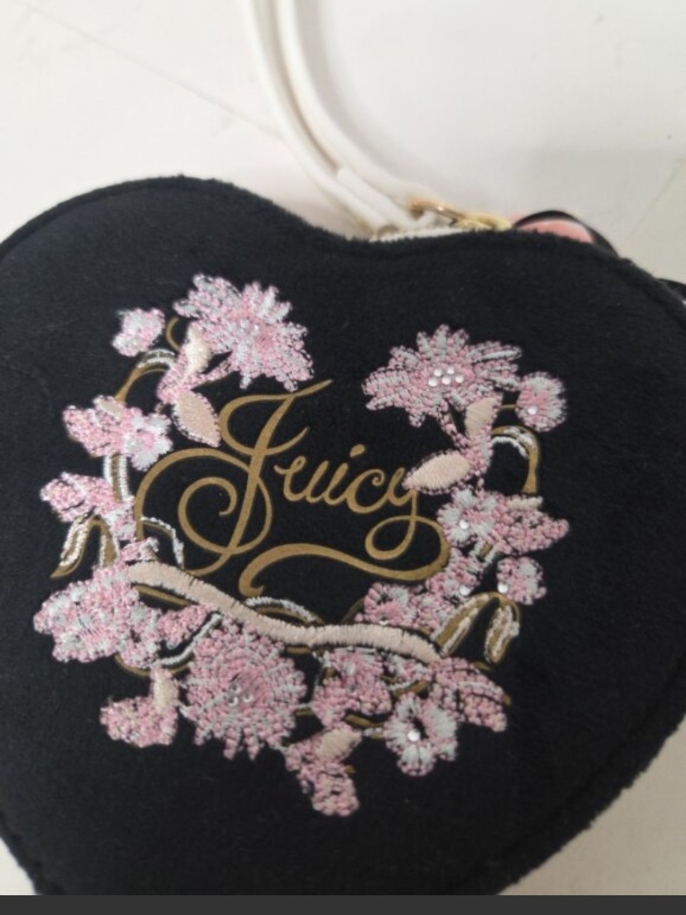 Juicy Couture Black Heart Mini Bag with Pink Floral Embroidery